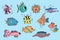 Fish doodles. Cute colorful set. Vector collection of cartoon outline sea abodes. Wild marine life in hand drawn style. Swimming