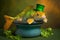 fish dressed as a leprechaun sits on a pot with money, created with Generative AI technology