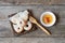 Fish dumplings in wooden dish on old wood background.