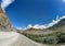 Fish-eye shot of a winding road in scenic mountainous terrain