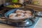 Fish fillet cooking on fry pan, food preparation