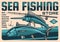 Fish, fisherman rod and hook poster, fishing sport
