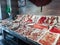 Fish on fishmonger`s slab in Fiumicino port in Italy