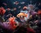 Fish in freshwater aquarium with beautiful planted tropical. Colorful back