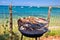 Fish on the grill by the mediterranean beach, idyllic vacation food preparing