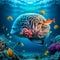 A fish with a human brain swims among the corals. AI generated.