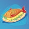 Fish icon. Crucian on white plate with lemon and herbs. Food, seafood dish symbol. Fresh fish color sign with red fins game icon,