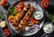 A fish kebab with bell peppers, onions, and tzatziki sauce