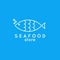 Fish line icon. Seafood store logo of fish on blue