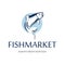 Fish market logo. Retro badge of blue silhouette of salmon. Vintage premium label for seafood restaurant.