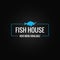 Fish menu design. Fish shop logo frame on black background