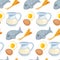 Fish and milk, eggs and wheat crops meal seamless pattern