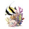 Fish moorish idol zanclus, colorful corals, seahorse and shell, hand drawn watercolor