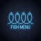 Fish neon sign. Linear fish menu neon banner on wall background