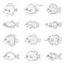 Fish outline vector icon set tropical, marine, oceanic.