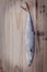 Fish preservation by drying . Barracuda salted hanging on old wooden background .