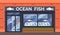 Fish and seafood shop building store facade with large window, columns, brick wall