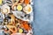 Fish and seafood variety, a flat lay overhead shot with a place for text