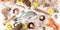 Fish and seafood variety panorama, overhead flat lay shot on a white background, on ice