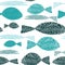 Fish seamless pattern. Various turquoise fish with stripes ans dots. Vector illustration on white background