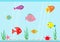 Fish set swimming at aquarium. Star, crab, seaweed, stones, bubbles, water waves.