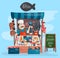 Fish shop vector kiosk street retro shop store market with freshness seafood in fridge traditional asian meal and