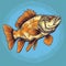 Fish, specifically yellow and orange fish with big teeth. It is swimming in water, which is blue in color. There are