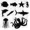 Fish, starfish, seahorse, squid, dolphin, shark, jellyfish and octopus.