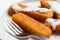 Fish sticks with mayonnaise.Healthy food