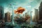 Fish swimming in an aquarium in a city, animals and human settlement, mixing of habitats, environment issue, surreal image