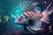 a fish that is swimming in some water with bubbles on it\\\'s side and a blurry background behind it, with a blue and red stri