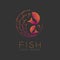 Fish symbol icon and fishing net, air bubble set orange violet