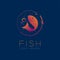 Fish symbol icon and fishing rod, air bubble set orange violet g