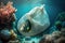 Fish trapped in plastic bag under the ocean. Environmental awareness concept