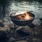 fish on a tripod over a crackling campfire