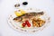 Fish, trout grill with vegetables and potatoes