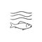 Fish under sea wave hand drawn sketch icon.