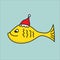 Fish wearing Santa`s hat for Christmas and smiling vector illustration, cute fish cartoon