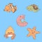 fish and wild marine animals are isolated on blue background. Inhabitants of the sea world, cute, funny underwater creatures