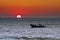 Fishboat at sunset over sea