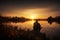 Fisher angler, fishing on foggy sunrise. Ai generated art