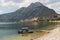 Fisher boat on Egirdir lake and Sleeping Beauty Mount Uyuyan Guzel Dagi in Turkish in background