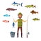 Fisher man, fish catch of isolated vector fishes