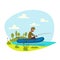 Fisher man fishing on boat with fish rod vector