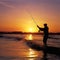 Fisher man fishing with spinning rod on river bank at sunrise. Generative AI