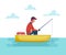 Fisher man holding fishing rod in the boat on lake or sea, season fishing. Vector cartoon male illustration