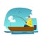 Fisherman in a boat flat vector illustration on a river landscape background.