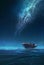 Fisherman in a boat at night under the Milky way