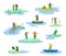 Fisherman in boat on river, people with spinning rod catching fish in lake water, vector illustration