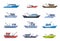 Fisherman boats. Fishing commercial ships, fisher sea boat for ocean water, shipping seafood industry boat isolated